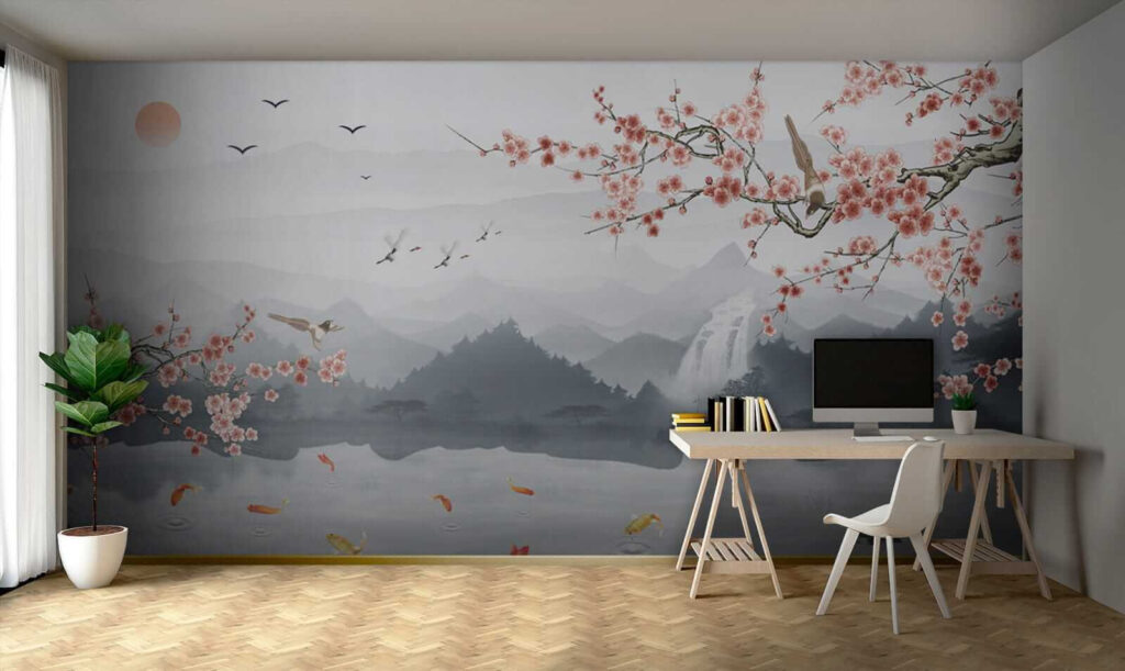 Painting of a river with a waterfall and birds