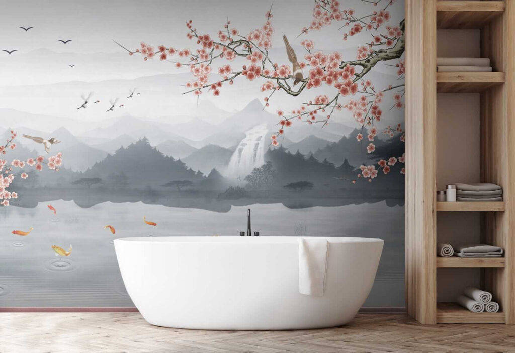 Painting of a river with a waterfall and birds