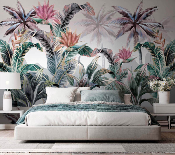 Wallpaper with palm trees and flowers Wallpaper with palm trees and flowers