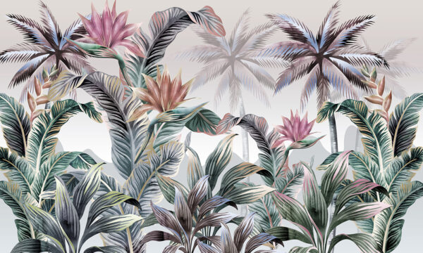 Wallpaper with palm trees and flowers Wallpaper with palm trees and flowers