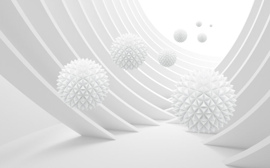 White spheres in a white room