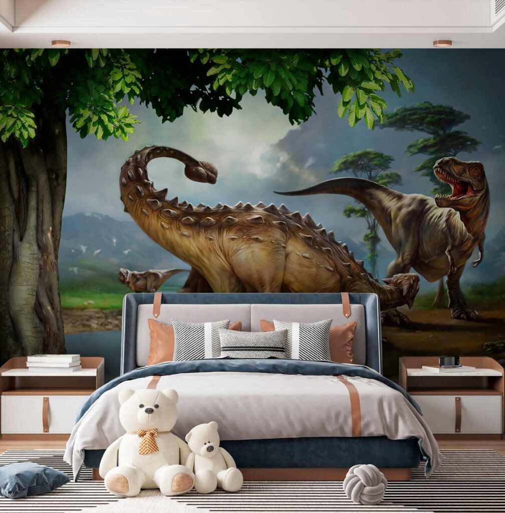 Painting of dinosaurs near a river Painting of dinosaurs near a river
