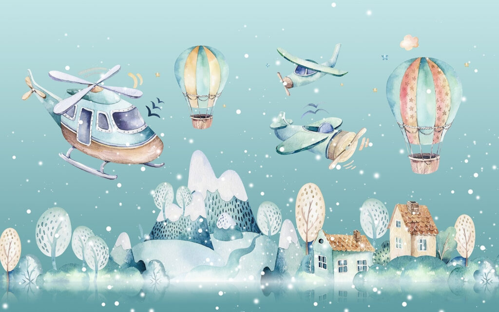 Watercolor illustration of a helicopter and hot air balloons u27765p 1024x640 - Watercolor illustration of a helicopter and hot air balloons - tegory