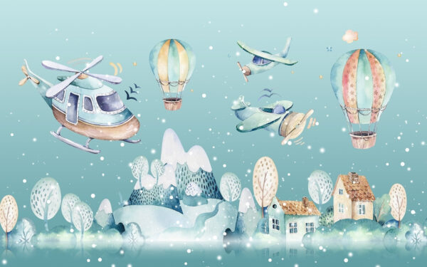 Watercolor illustration of a helicopter and hot air balloons u27765p 600x375 - Watercolor illustration of a helicopter and hot air balloons - tegory