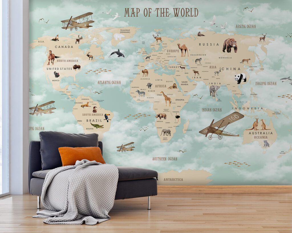 Map of the world with animals