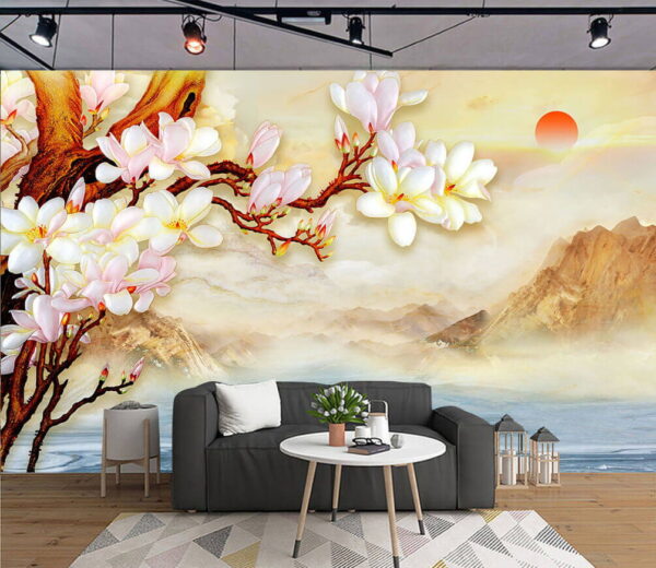 Painting of a branch with flowers and mountains in the background