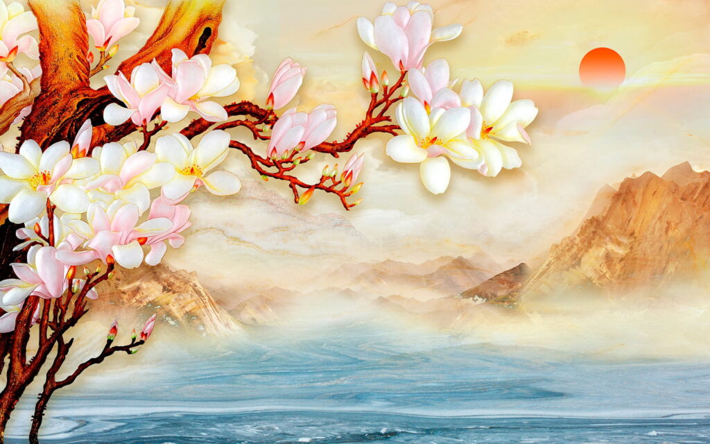 Painting of a branch with flowers and mountains in the background u25029p 1024x640 - Painting of a branch with flowers and mountains in the background - tegory
