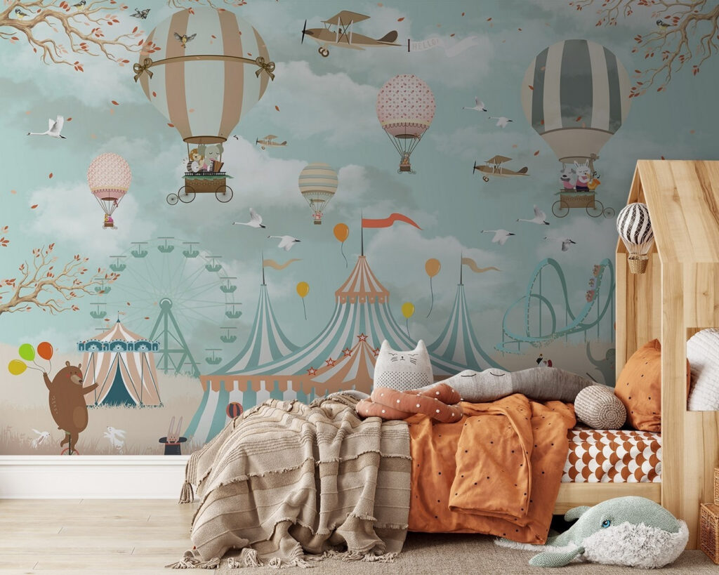 Circus tent with hot air balloons and birds