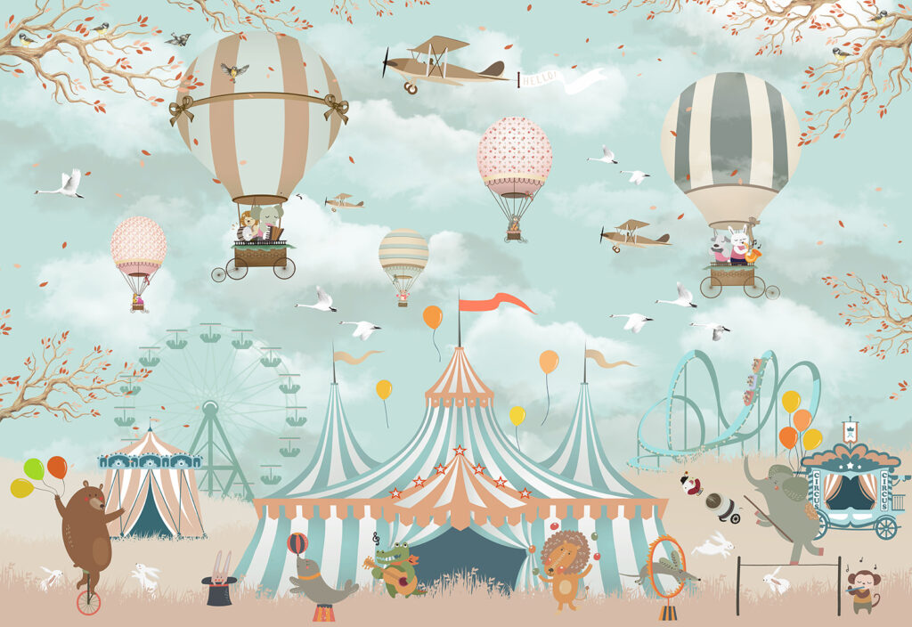 Circus tent with hot air balloons and birds Circus tent with hot air balloons and birds