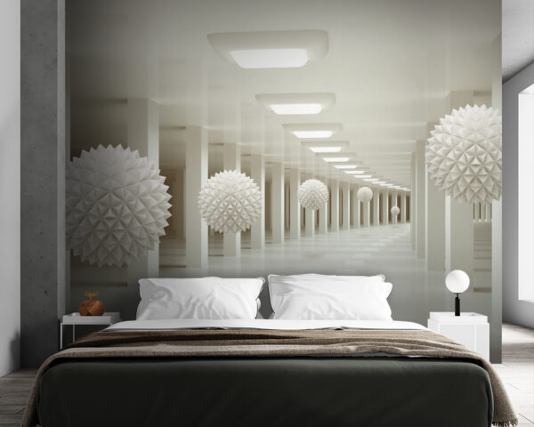 White room with white balls from the ceiling White room with white balls from the ceiling