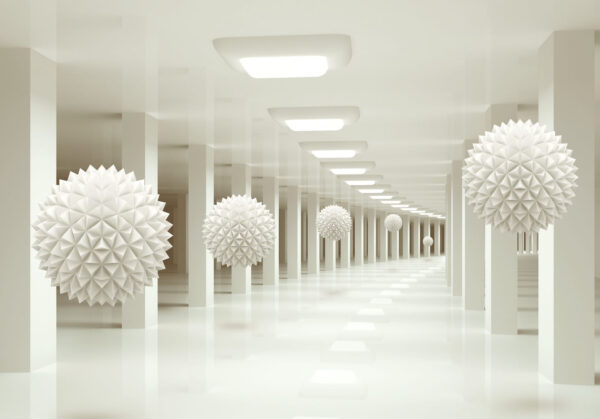 White room with white balls from the ceiling White room with white balls from the ceiling