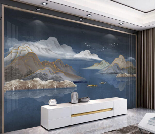 Painting of mountains and boats in water u24096pig1m 600x519 - Painting of mountains and boats in water - tegory