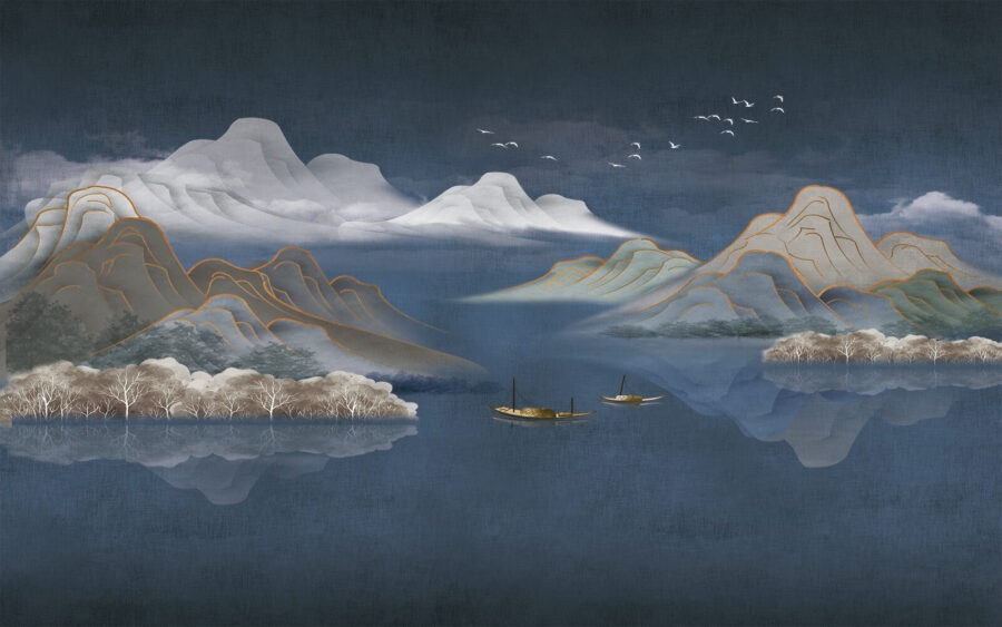 Painting of mountains and boats in water