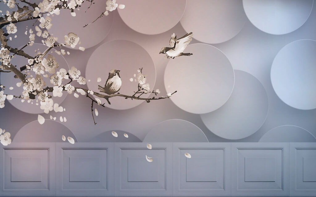 Wall mural of birds on a branch with white circles and white circles u21914p 1024x640 - Wall mural of birds on a branch with white circles and white circles - tegory
