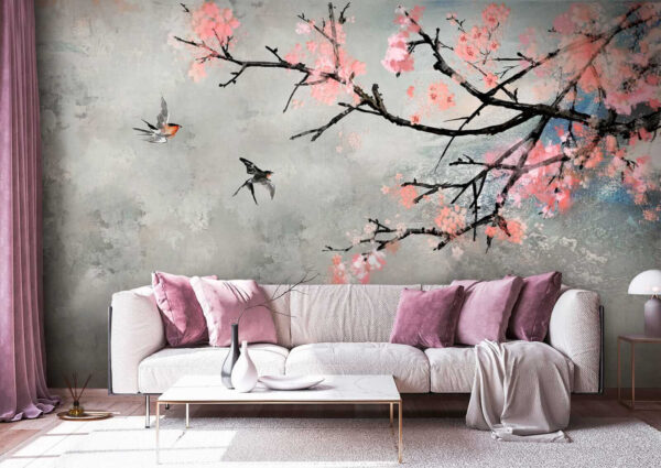 Tree branch with pink flowers and birds flying Tree branch with pink flowers and birds flying