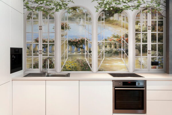 Wall mural of a garden with a view of a balcony Wall mural of a garden with a view of a balcony