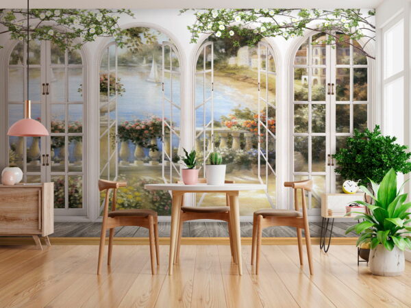 Wall mural of a garden with a view of a balcony Wall mural of a garden with a view of a balcony