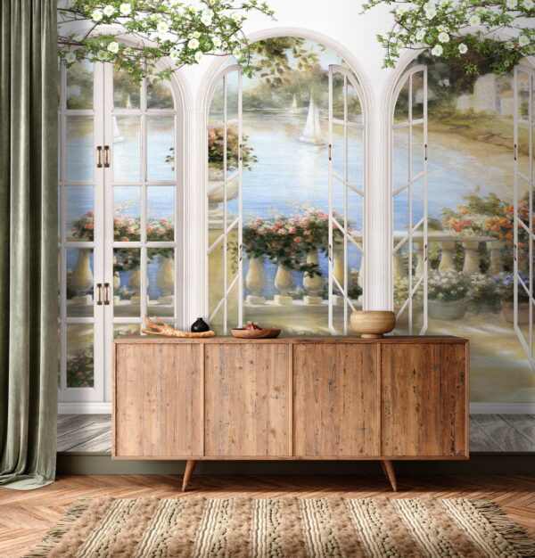 Wall mural of a garden with a view of a balcony Wall mural of a garden with a view of a balcony
