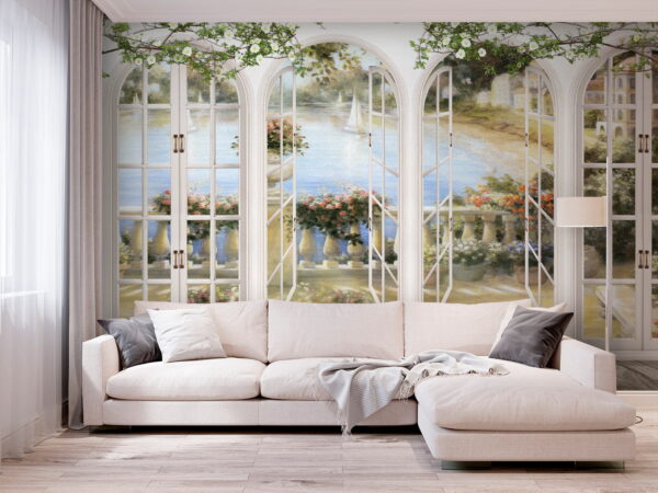 Wall mural of a garden with a view of a balcony Wall mural of a garden with a view of a balcony