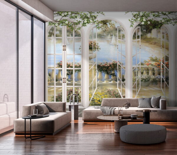 Wall mural of a garden with a view of a balcony Wall mural of a garden with a view of a balcony