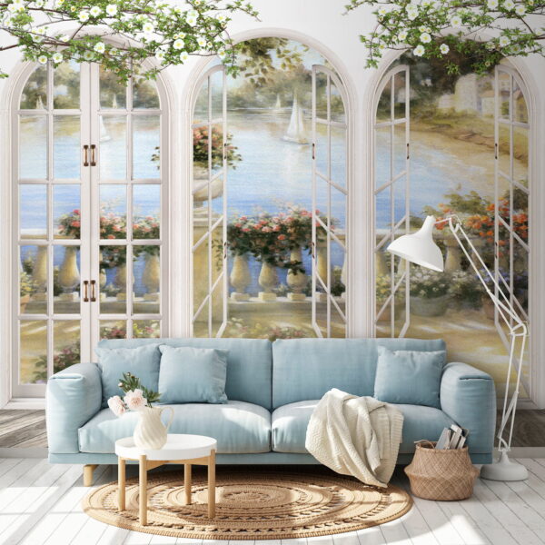 Wall mural of a garden with a view of a balcony Wall mural of a garden with a view of a balcony