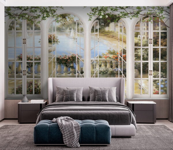 Wall mural of a garden with a view of a balcony Wall mural of a garden with a view of a balcony