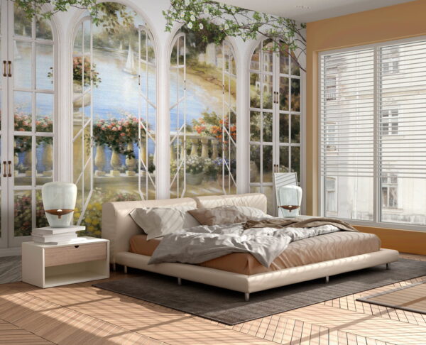 Wall mural of a garden with a view of a balcony Wall mural of a garden with a view of a balcony