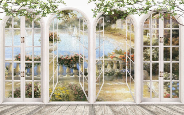 Wall mural of a garden with a view of a balcony Wall mural of a garden with a view of a balcony