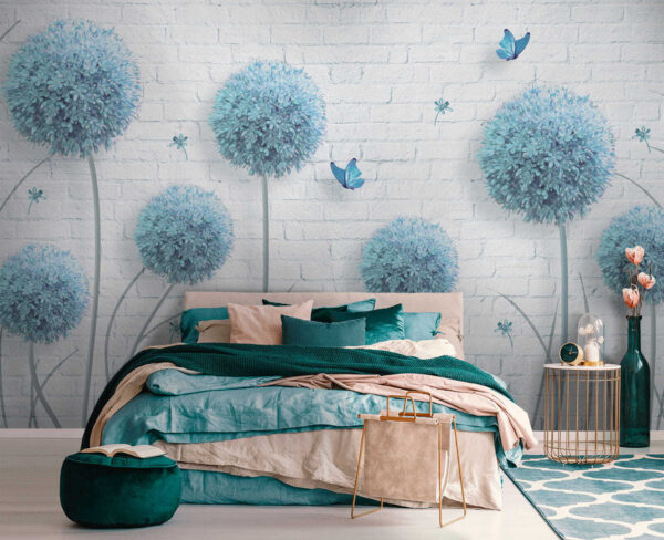 Wallpaper with blue flowers and butterflies