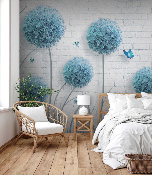 Wallpaper with blue flowers and butterflies Wallpaper with blue flowers and butterflies