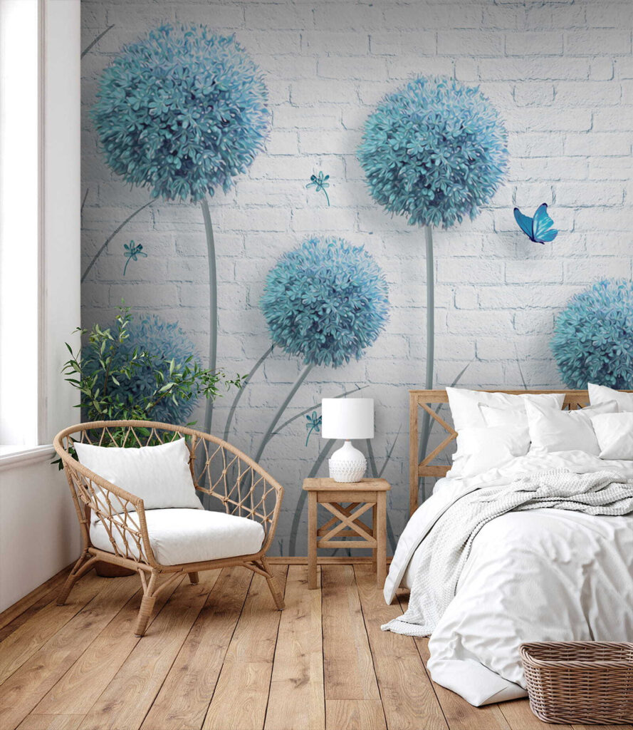 Wallpaper with blue flowers and butterflies Wallpaper with blue flowers and butterflies