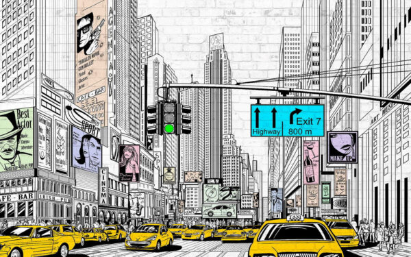 Drawing of a city street with cars and buildings Drawing of a city street with cars and buildings