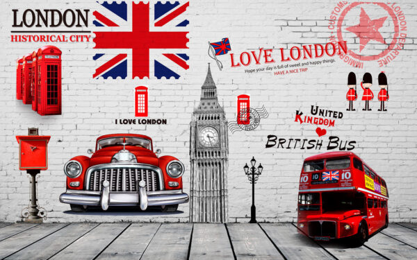 Red bus and a red bus painted on a wall Red bus and a red bus painted on a wall