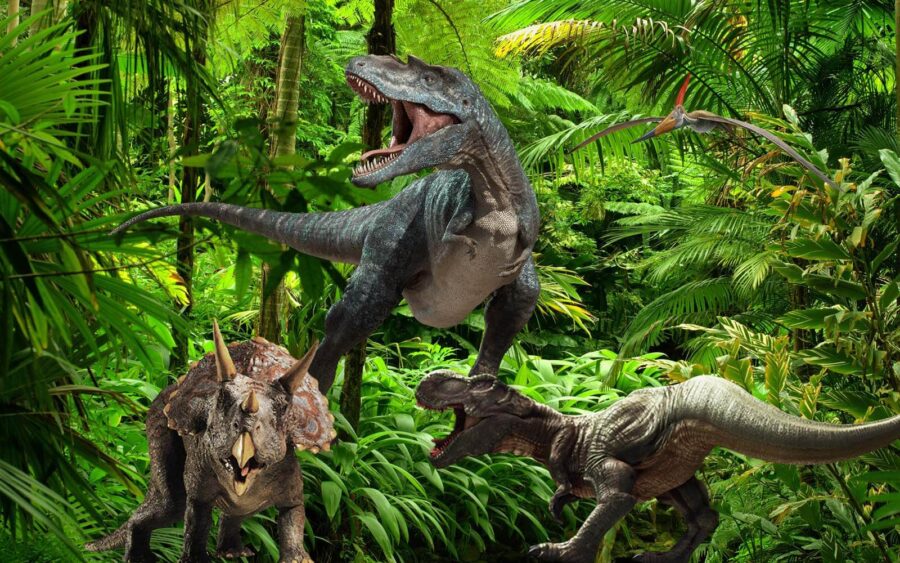 Group of dinosaurs in a forest