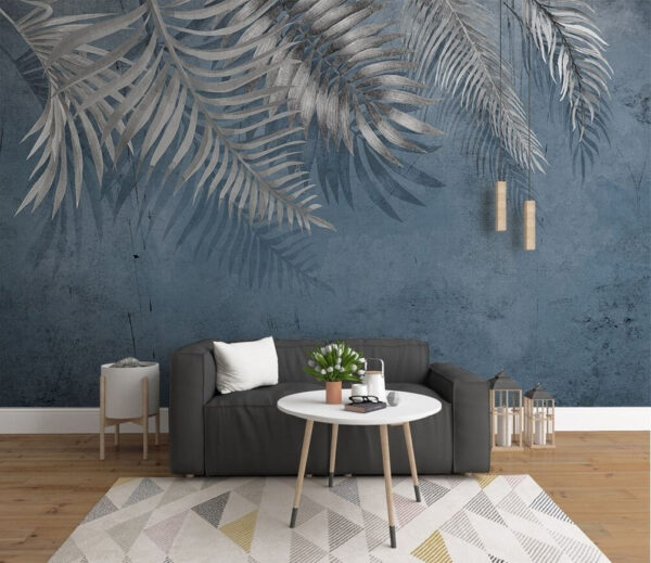 Wall murals Blue background with silver leaves (SKU: u18312) Wall murals Wall murals Blue background with silver leaves (SKU: u18312)