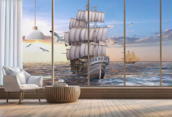 Ship in the water with birds flying Ship in the water with birds flying