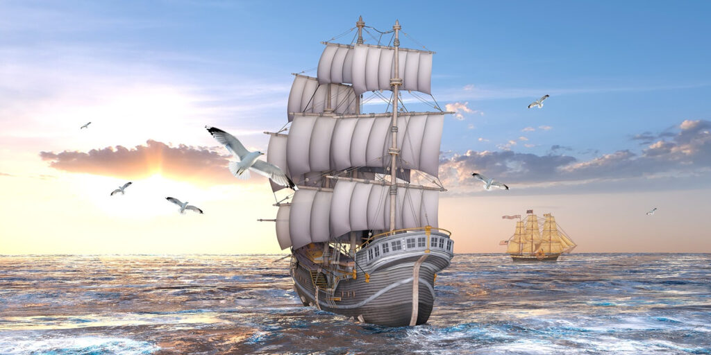 Ship in the water with birds flying Ship in the water with birds flying
