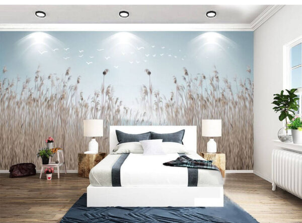 Group of tall grass with birds flying in the sky Group of tall grass with birds flying in the sky