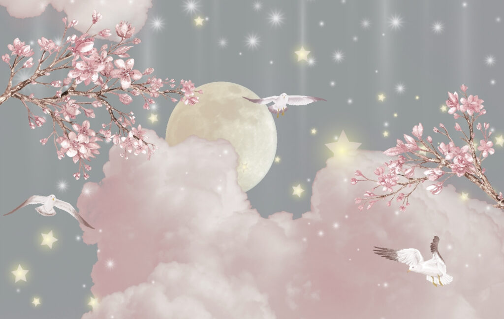 Moon and clouds with birds and stars Moon and clouds with birds and stars
