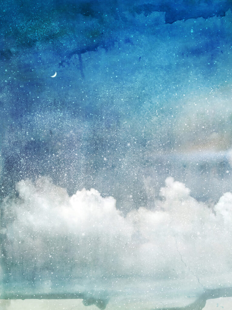 Blue sky with clouds and a crescent moon Blue sky with clouds and a crescent moon