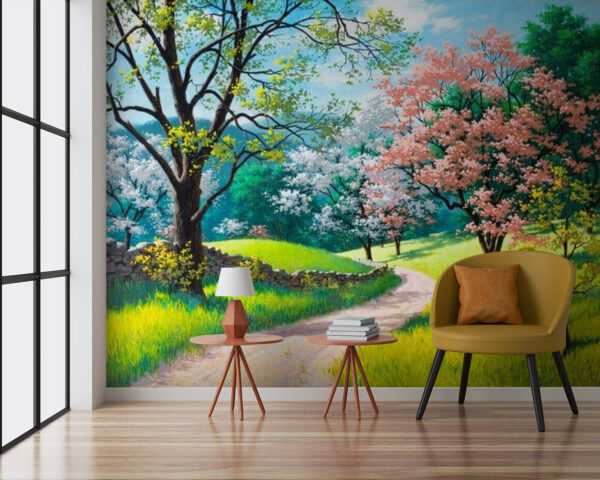 Wall murals Dirt road through a grassy field with trees Wall murals Dirt road through a grassy field with trees