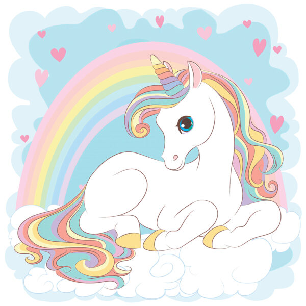 Unicorn sitting on a cloud with rainbow and hearts Unicorn sitting on a cloud with rainbow and hearts