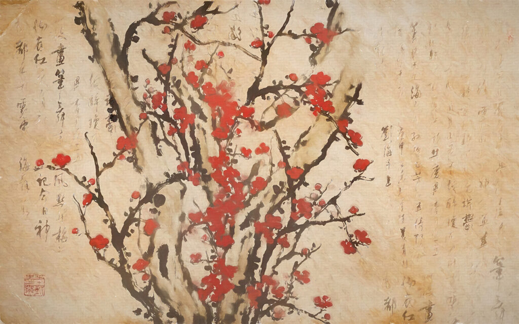 Painting of a tree with red flowers u10425p 1024x640 - Painting of a tree with red flowers - tegory