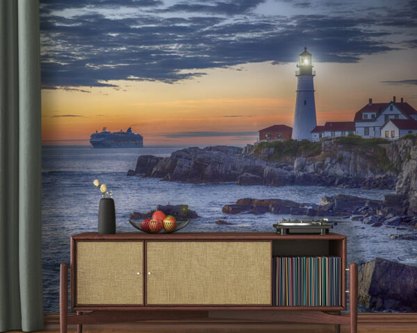 Lighthouse on a rocky shore with a cruise ship in the background u10328pig20 600x480 - Lighthouse on a rocky shore with a cruise ship in the background - tegory