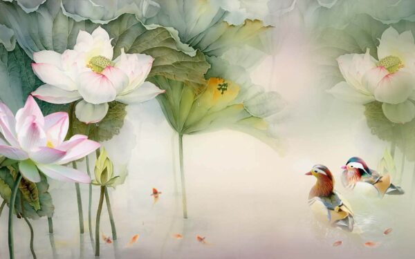 Painting of a duck swimming in a pond with flowers u10109p 600x375 - Painting of a duck swimming in a pond with flowers - tegory