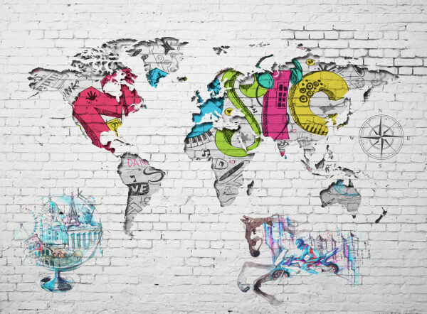 Map of the world painted on a brick wall u01805p 600x442 - Map of the world painted on a brick wall