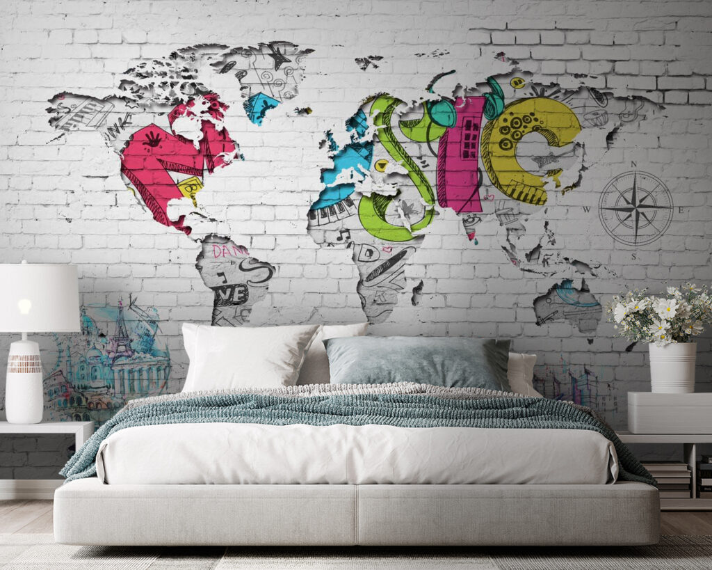 Map of the world painted on a brick wall u01805pib105 1024x819 - Map of the world painted on a brick wall