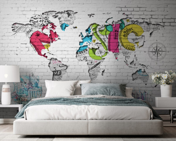 Map of the world painted on a brick wall u01805pib105 600x480 - Map of the world painted on a brick wall