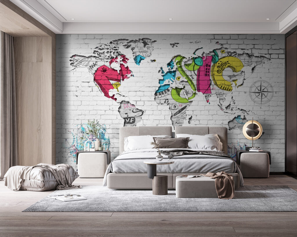 Map of the world painted on a brick wall u01805pib114m 1024x819 - Map of the world painted on a brick wall