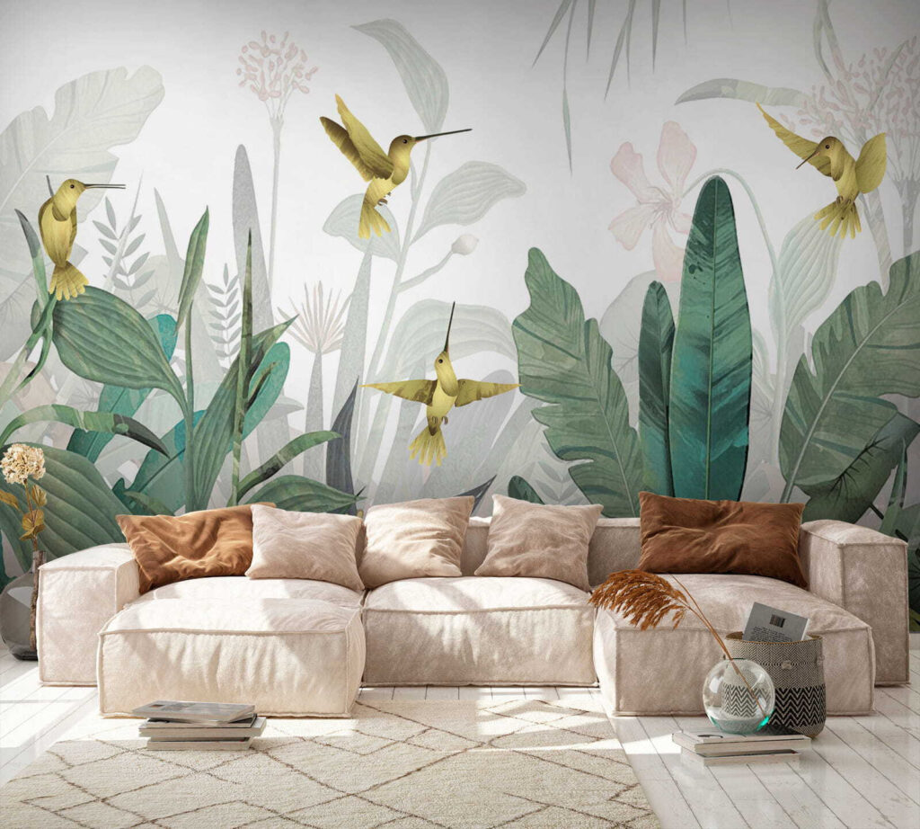 Hummingbirds flying over plants